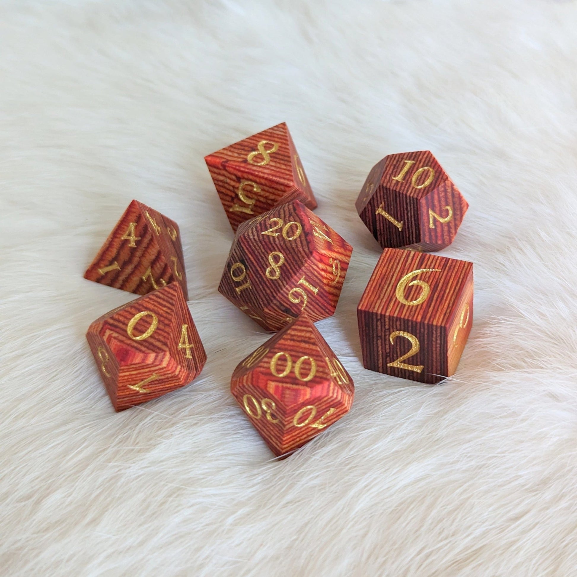 Red and Brown Stripe Wood Dice Set – 7 - Piece Layered Wooden DnD Dice | Fennek & Finch - Fennek and Finch