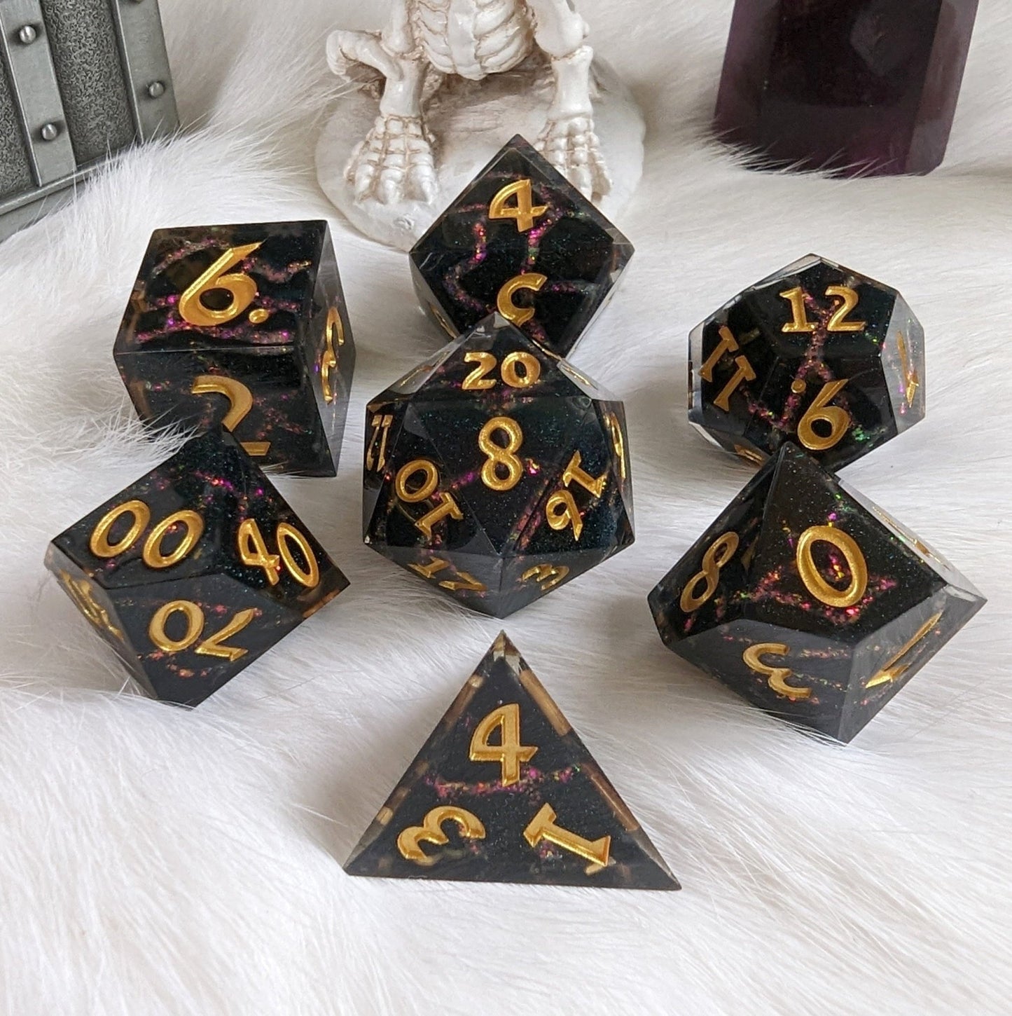 Red Lightning Dice Set – 7 - Piece Fire Storm DnD Dice - Fennek and Finch