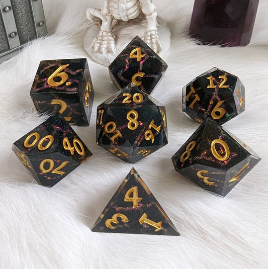 Red Lightning Dice Set – 7 - Piece Fire Storm DnD Dice - Fennek and Finch