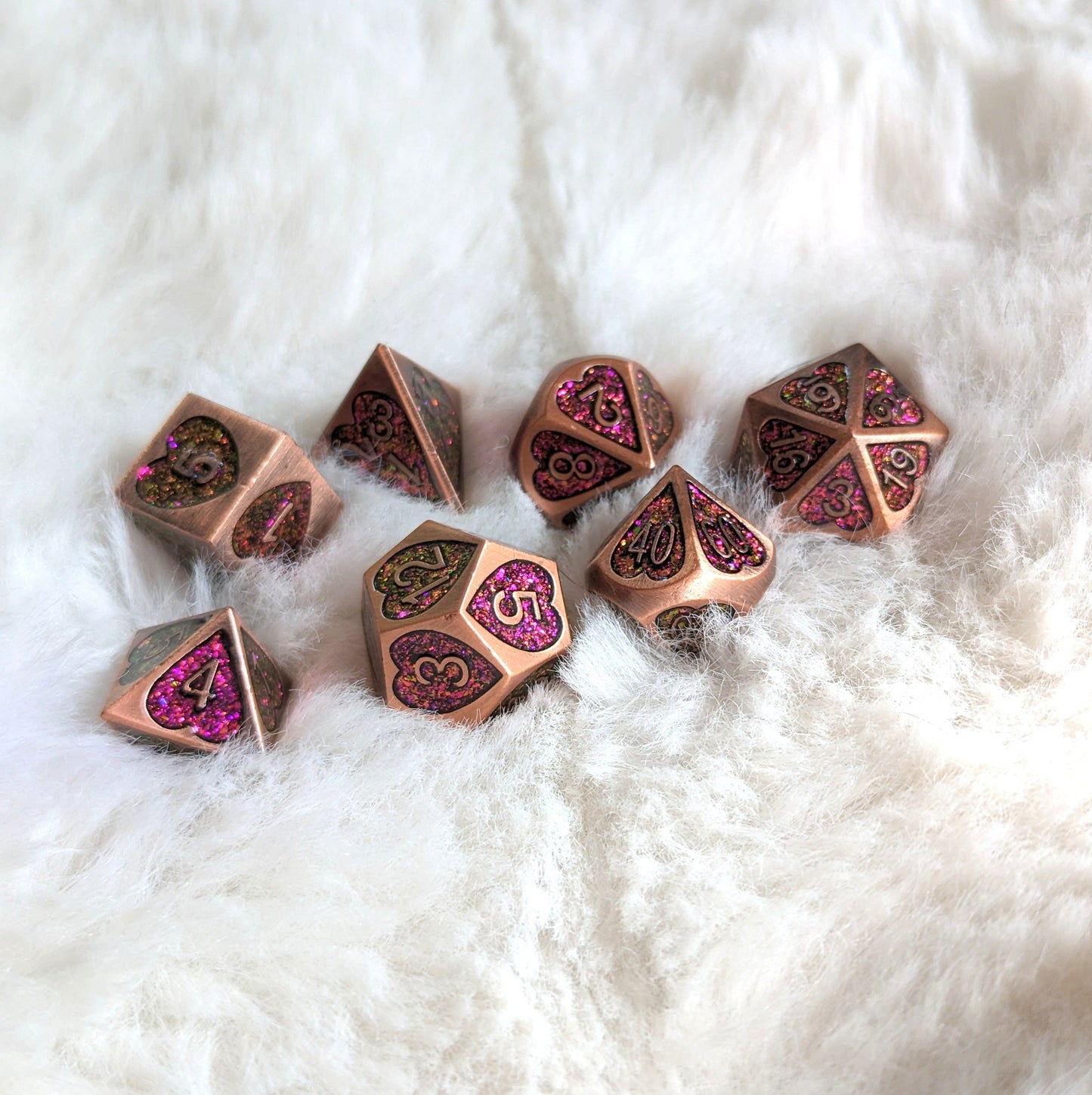 Romance Addict Metal Dice Set Copper and Pink