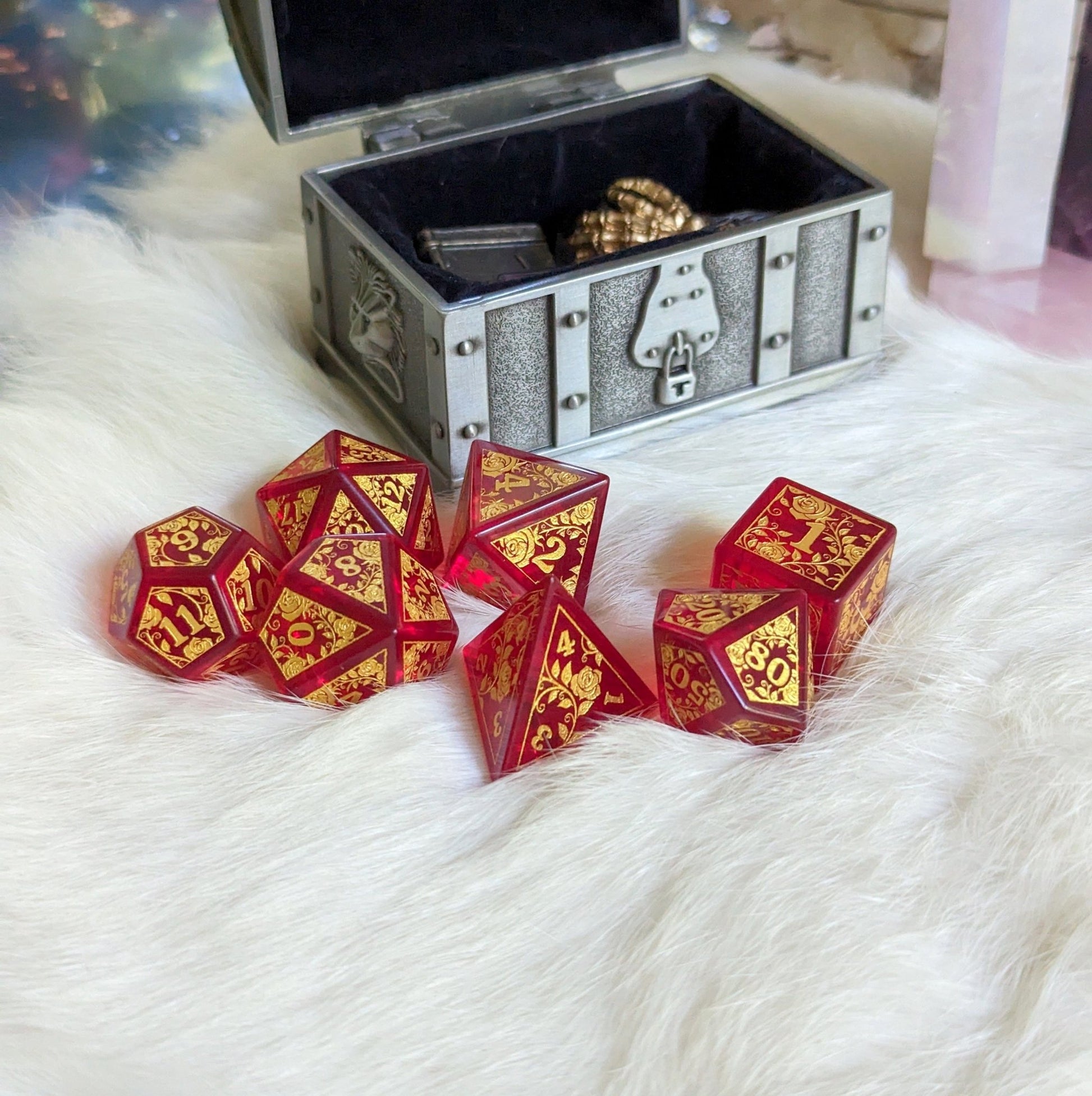 Rose Red Glass Dice Set – Engraved Gemstone DnD Dice with Gold Font | Fennek & Finch Dice Sets & Games Fennek and Finch
