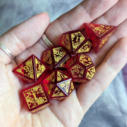 Rose Red Glass Dice Set – Engraved Gemstone DnD Dice with Gold Font | Fennek & Finch Dice Sets & Games Fennek and Finch