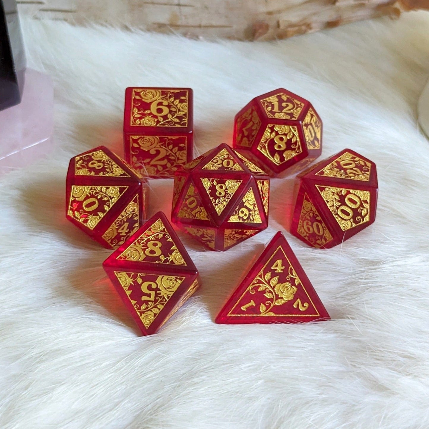 Rose Red Glass Dice Set – Engraved Gemstone DnD Dice with Gold Font | Fennek & Finch Dice Sets & Games Fennek and Finch