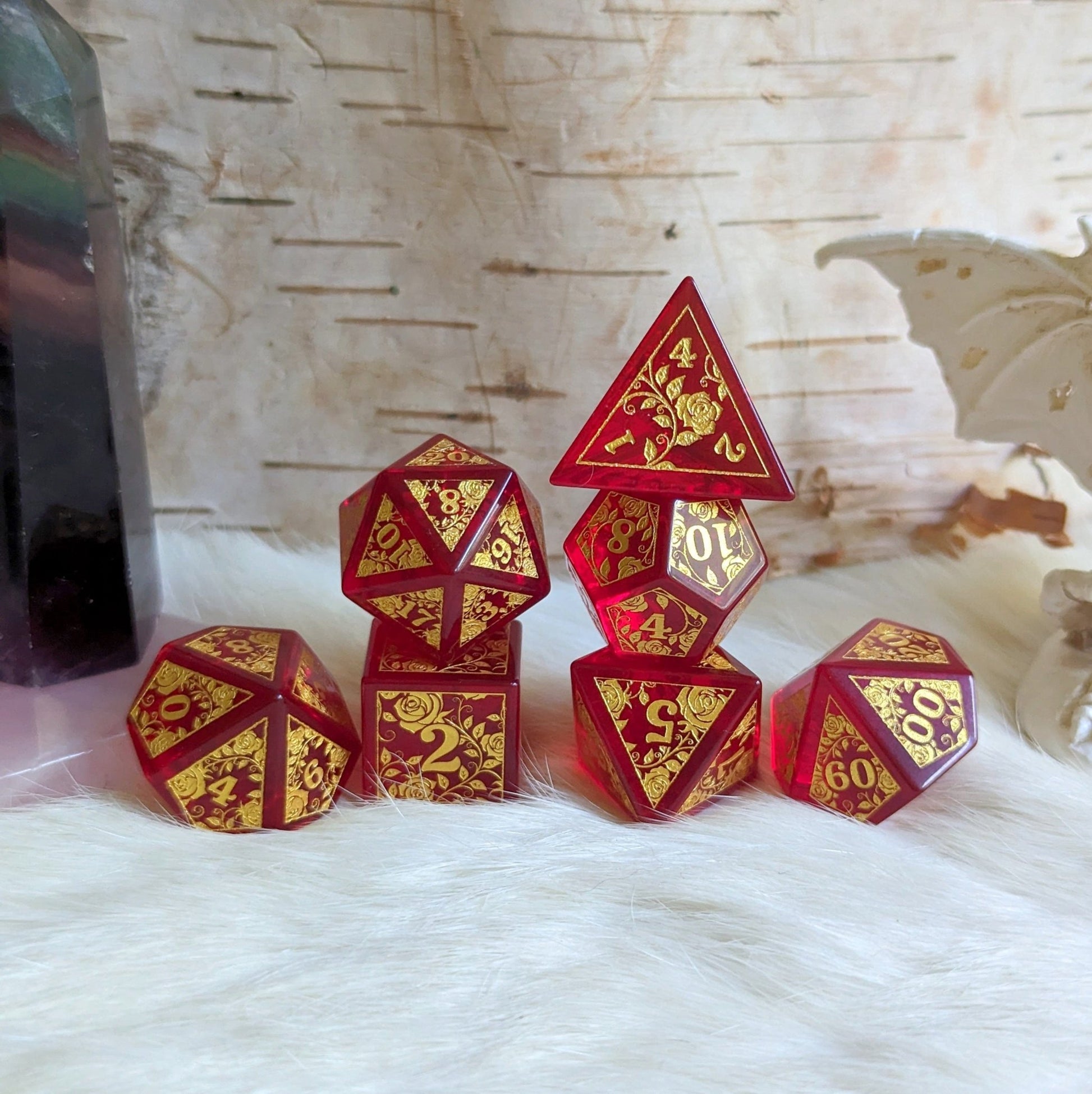 Rose Red Glass Dice Set – Engraved Gemstone DnD Dice with Gold Font | Fennek & Finch Dice Sets & Games Fennek and Finch