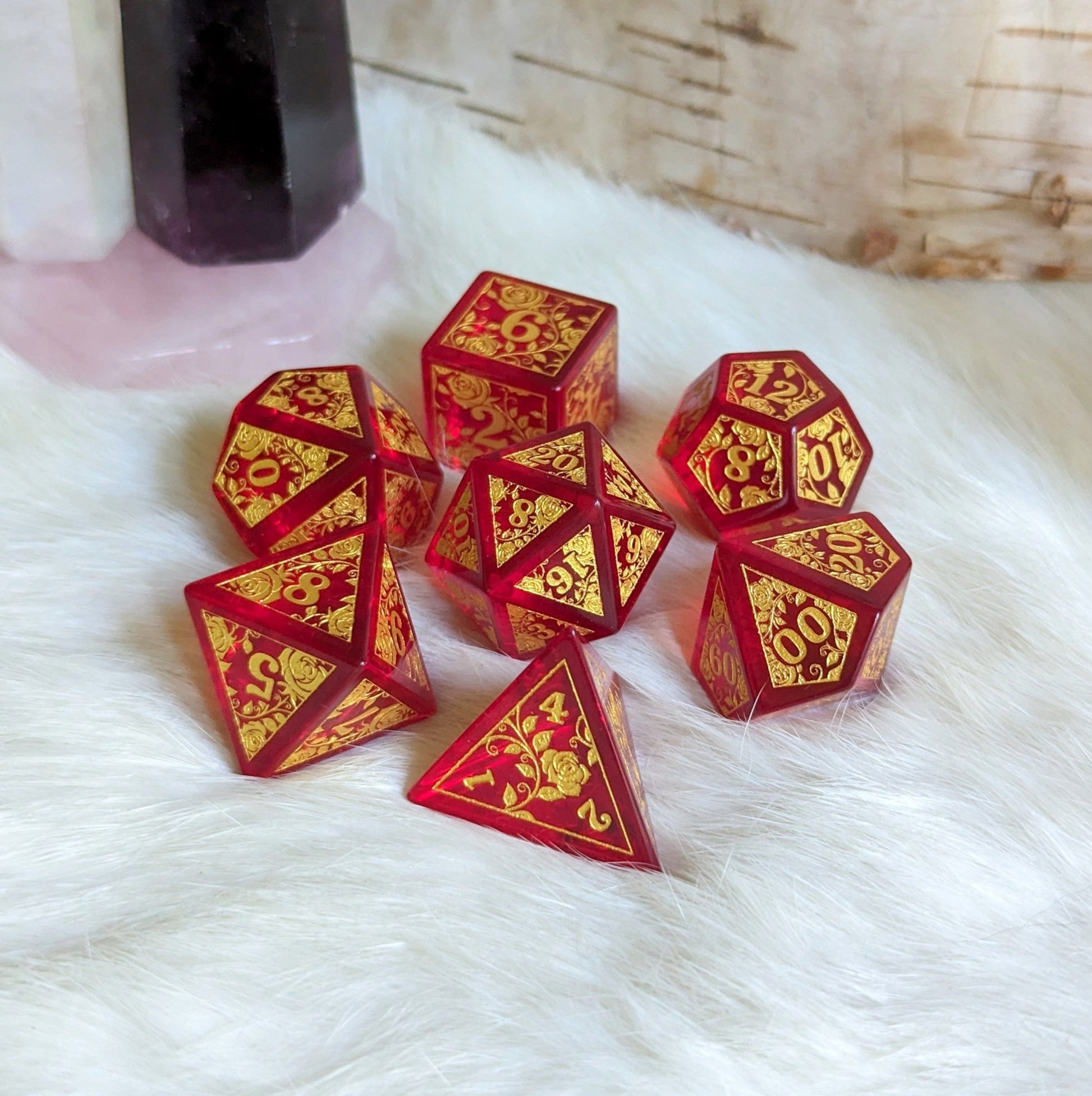 Rose Red Glass Dice Set – Engraved Gemstone DnD Dice with Gold Font | Fennek & Finch Dice Sets & Games Fennek and Finch