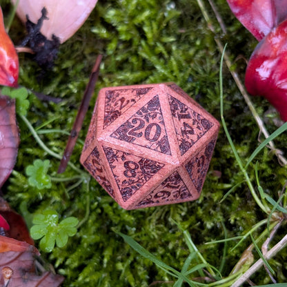 Rose Wood D20 – Large 1.25" Wooden Die with Rose Vines & Blossoms Dice sets Fennek and Finch