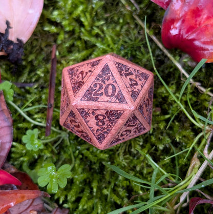 Rose Wood D20 – Large 1.25" Wooden Die with Rose Vines & Blossoms Dice sets Fennek and Finch