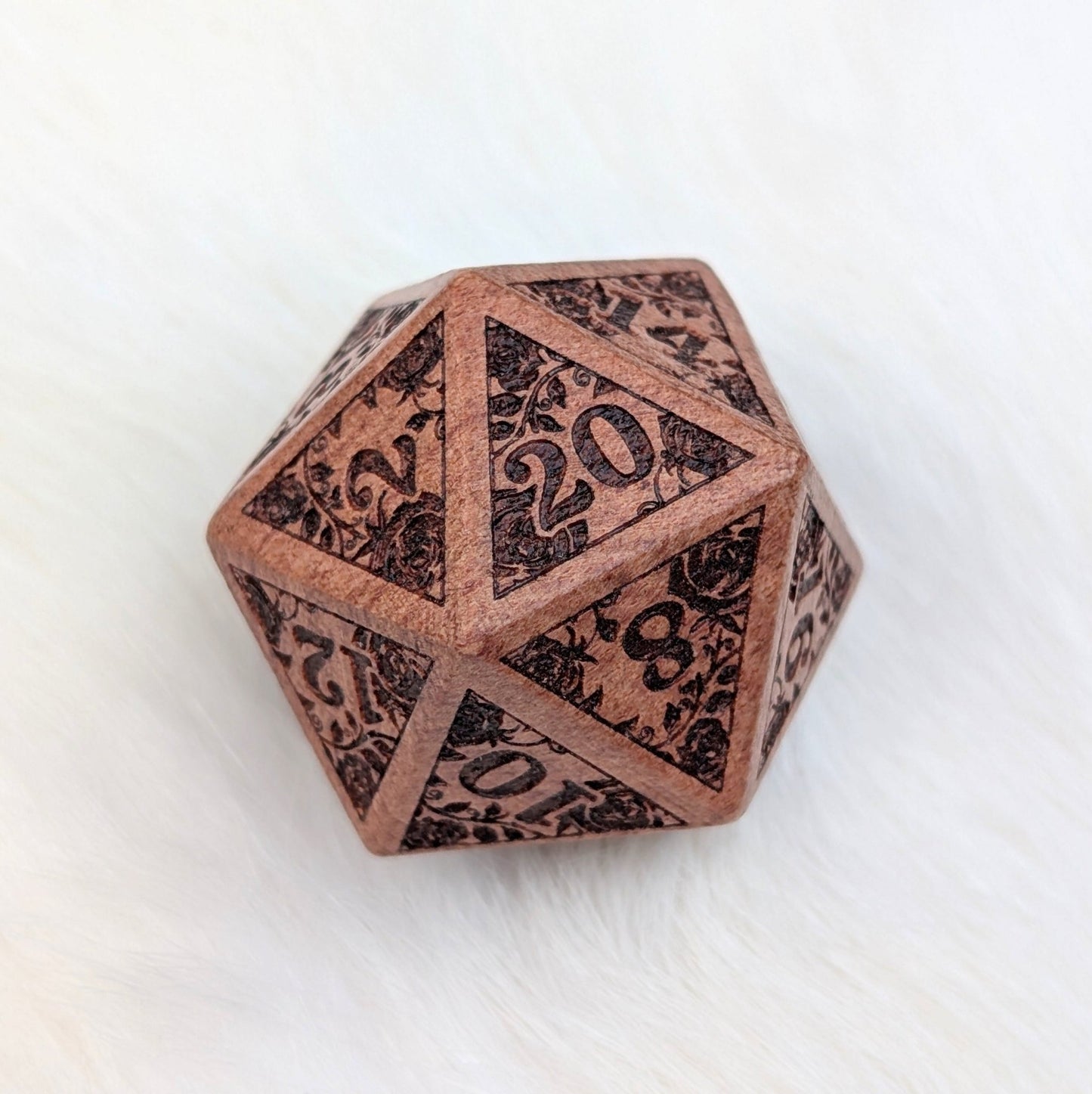Rose Wood D20 – Large 1.25" Wooden Die with Rose Vines & Blossoms Dice sets Fennek and Finch