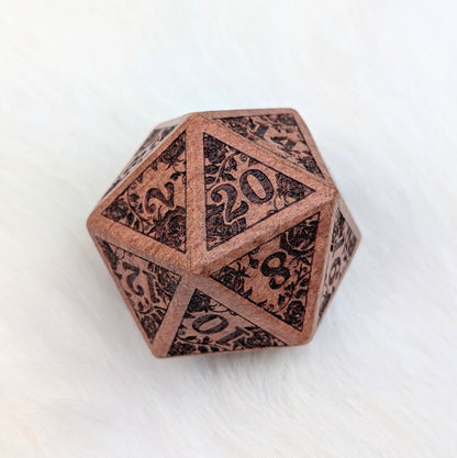 Rose Wood D20 – Large 1.25" Wooden Die with Rose Vines & Blossoms Dice sets Fennek and Finch