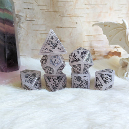 Roses on Quartz Dice Set – Rose Quartz Gemstone DnD Dice with Black Font | Fennek & Finch - Fennek and Finch