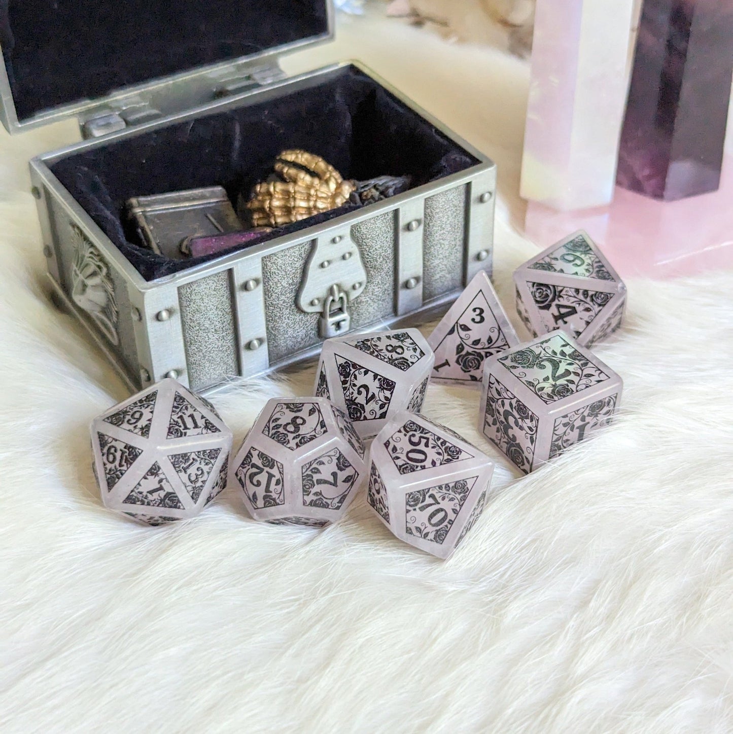 Roses on Quartz Dice Set – Rose Quartz Gemstone DnD Dice with Black Font | Fennek & Finch - Fennek and Finch