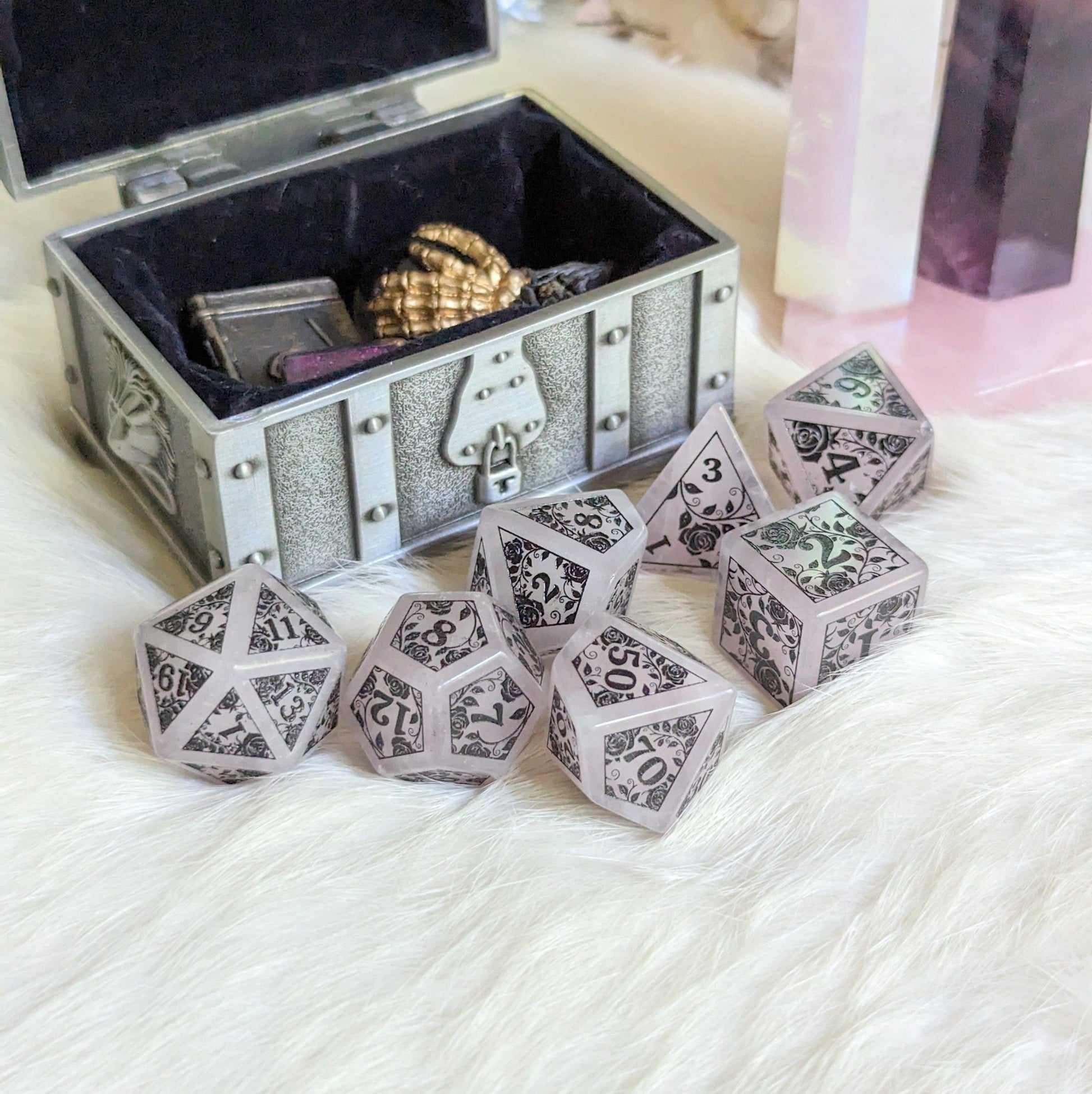 Roses on Quartz Dice Set – Rose Quartz Gemstone DnD Dice with Black Font | Fennek & Finch - Fennek and Finch