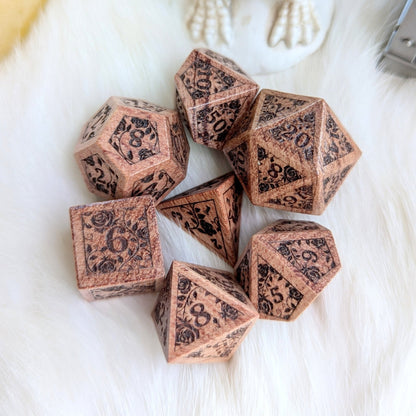 Rosewood Rose Vine Dice Set – 7 - Piece Wooden Floral Engraved DnD Dice - Fennek and Finch