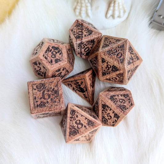 Rosewood Rose Vine Dice Set – 7 - Piece Wooden Floral Engraved DnD Dice - Fennek and Finch