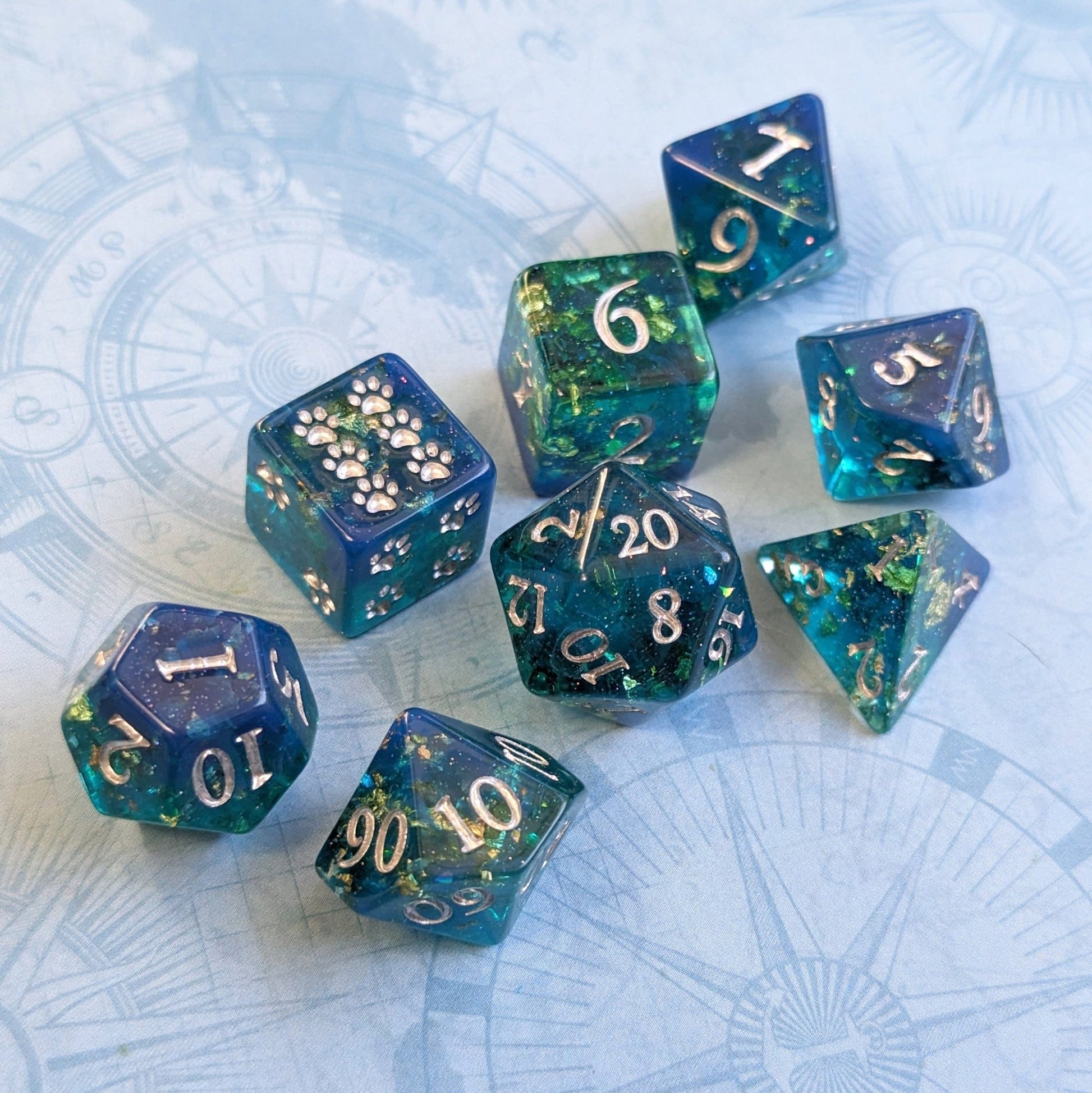Saltmarsh Dice Set – 8-Piece Blue Green Opal Flakes Gold Foil DnD Dice Dice sets Fennek and Finch