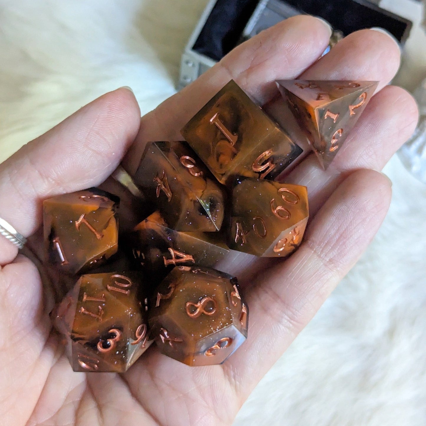 Shadow and Flame Dice Set – Sharp Edge Orange Black Marble DnD Dice | Fennek & Finch Dice Sets & Games Fennek and Finch