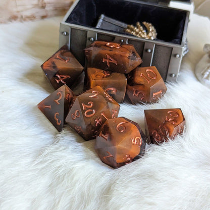 Shadow and Flame Dice Set – Sharp Edge Orange Black Marble DnD Dice | Fennek & Finch Dice Sets & Games Fennek and Finch