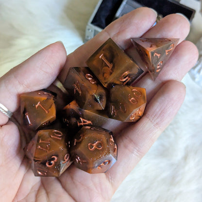 Shadow and Flame DnD Dice Set. Orange and Black Marble