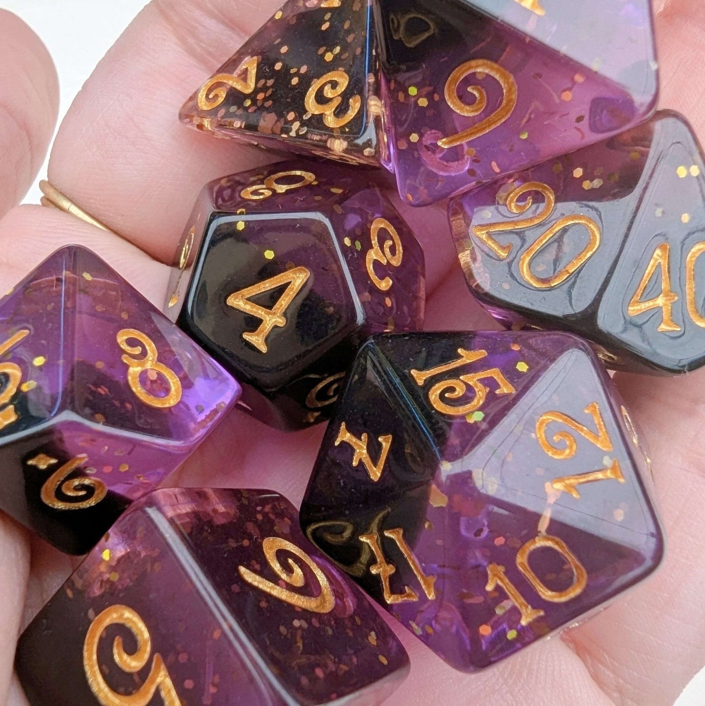 Shadow Magic Dice Set – 7 - Piece Layered Purple Black Gold Glitter DnD Dice | Fennek & Finch - Fennek and Finch
