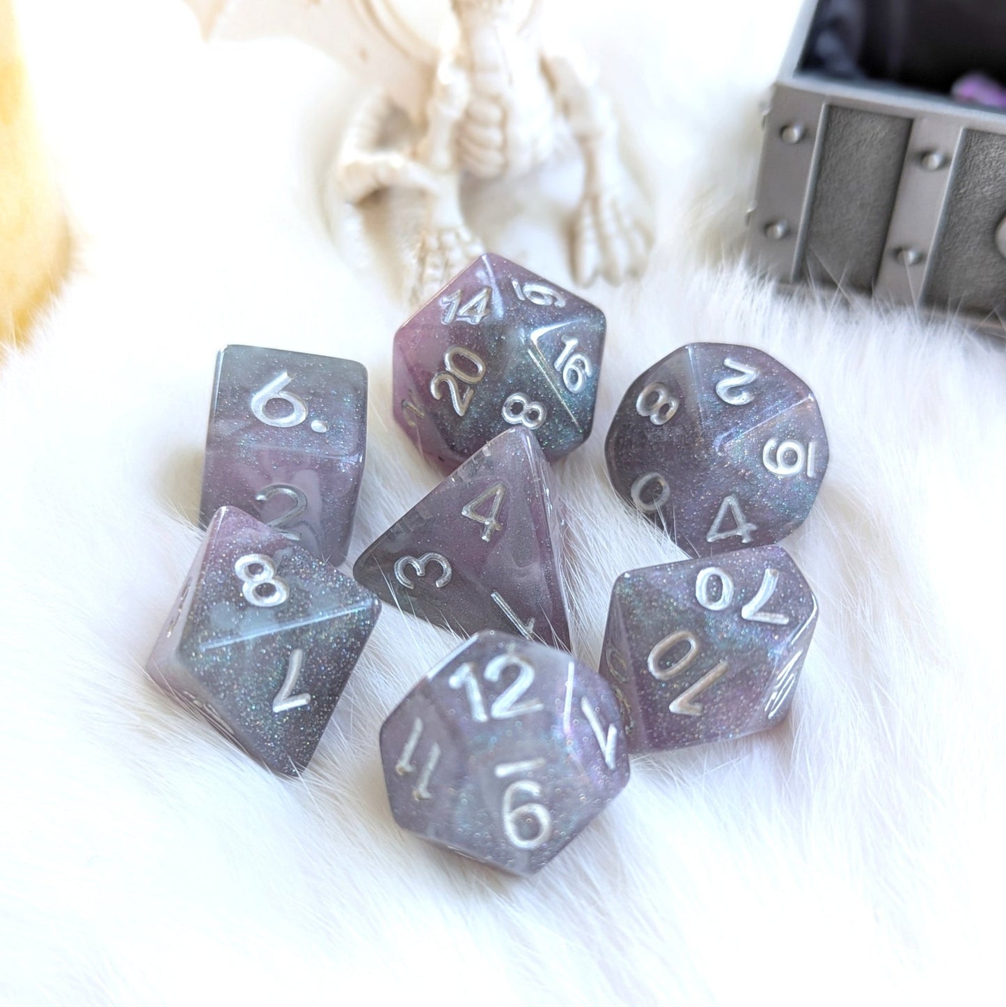 Shadow Veil Dice Set – 7-Piece Shimmering Grey Purple Black Round-Edge Silver Dice Sets & Games Fennek and Finch