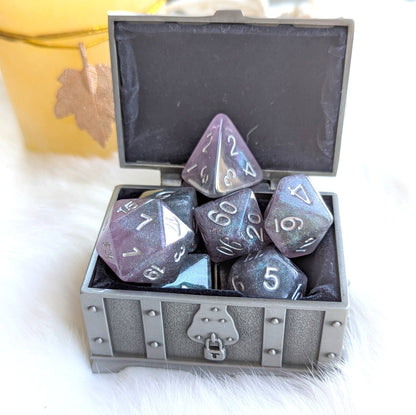 Shadow Veil Dice Set – 7-Piece Shimmering Grey Purple Black Round-Edge Silver Dice Sets & Games Fennek and Finch