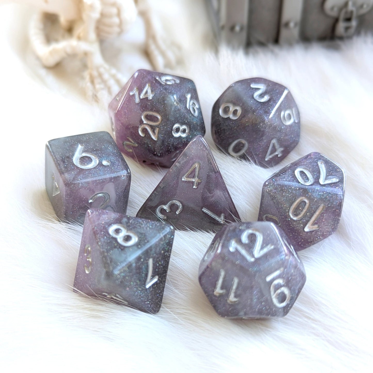 Shadow Veil Dice Set – 7-Piece Shimmering Grey Purple Black Round-Edge Silver Dice Sets & Games Fennek and Finch
