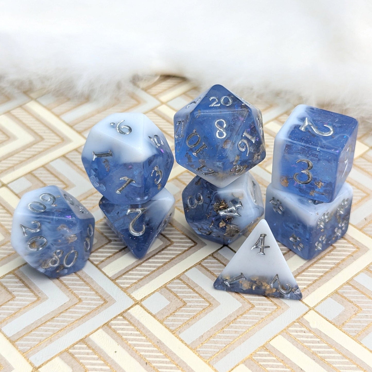 Snow Peak Dice Set – 8/12pc Clear Periwinkle White Marble Glitter Foil Paw Die Dice sets Fennek and Finch