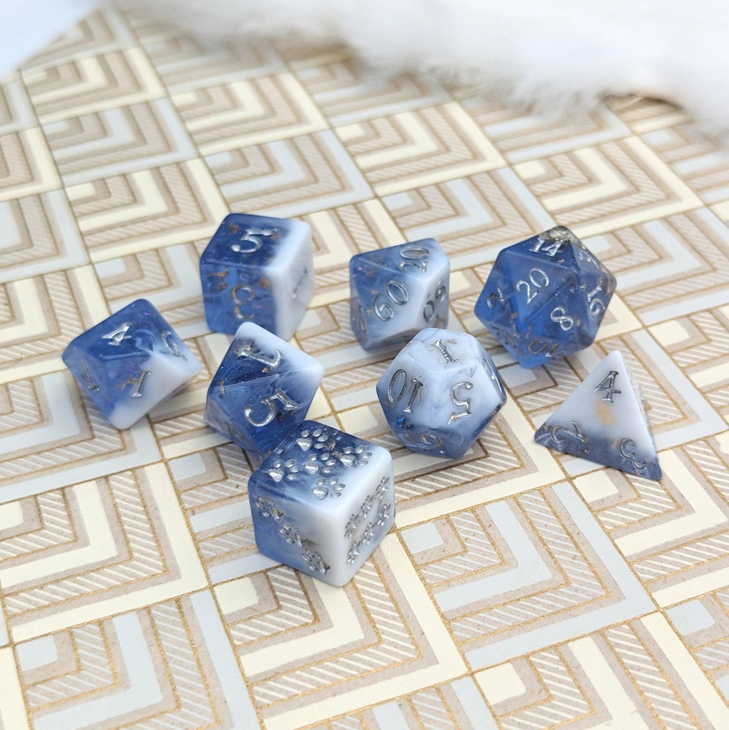 Snow Peak Dice Set – 8/12pc Clear Periwinkle White Marble Glitter Foil Paw Die Dice sets Fennek and Finch