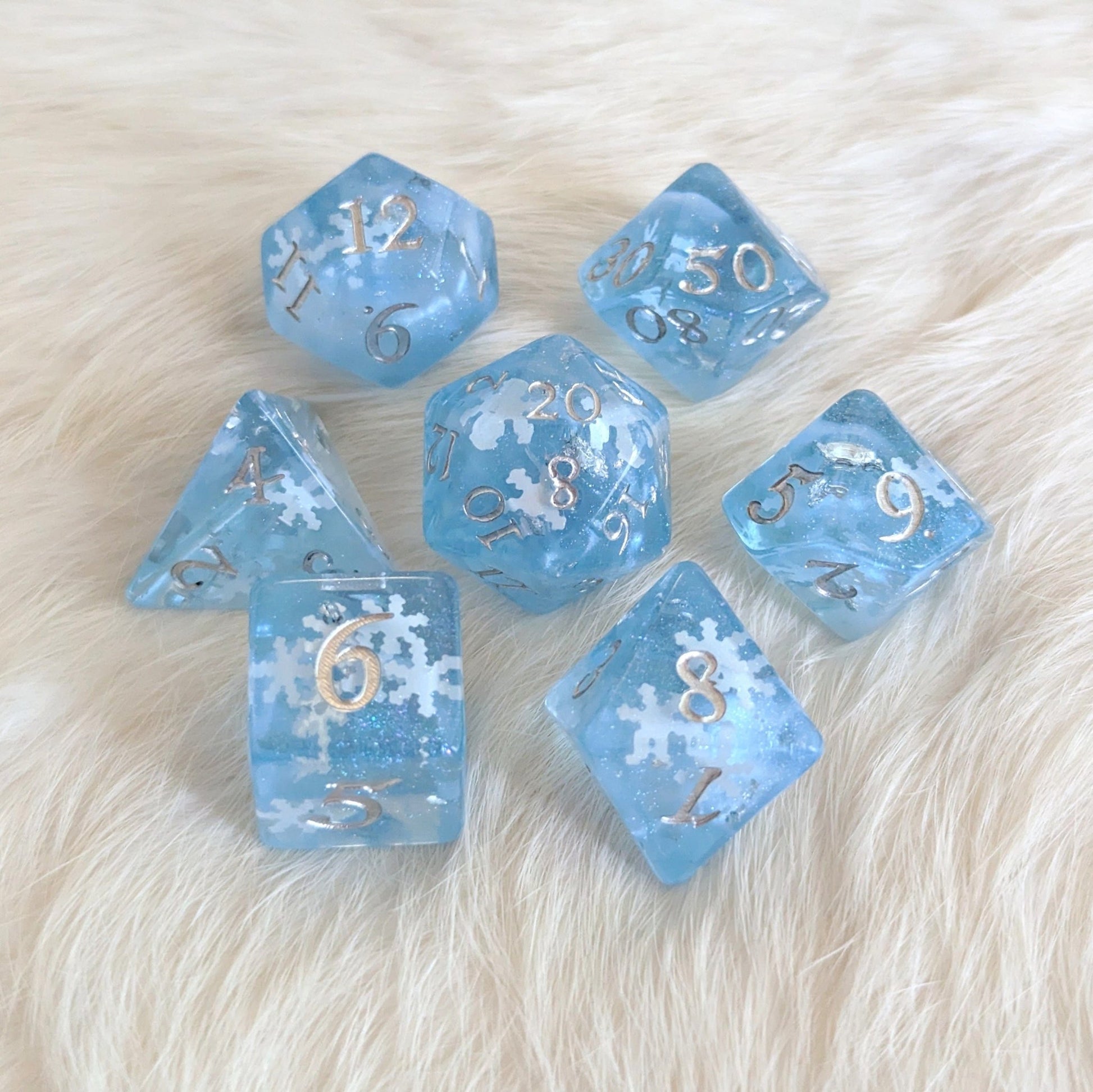 Snowfall Dice Set – 7 or 11 - Piece Glacial Blue Winter DnD Dice | Fennek & Finch - Fennek and Finch