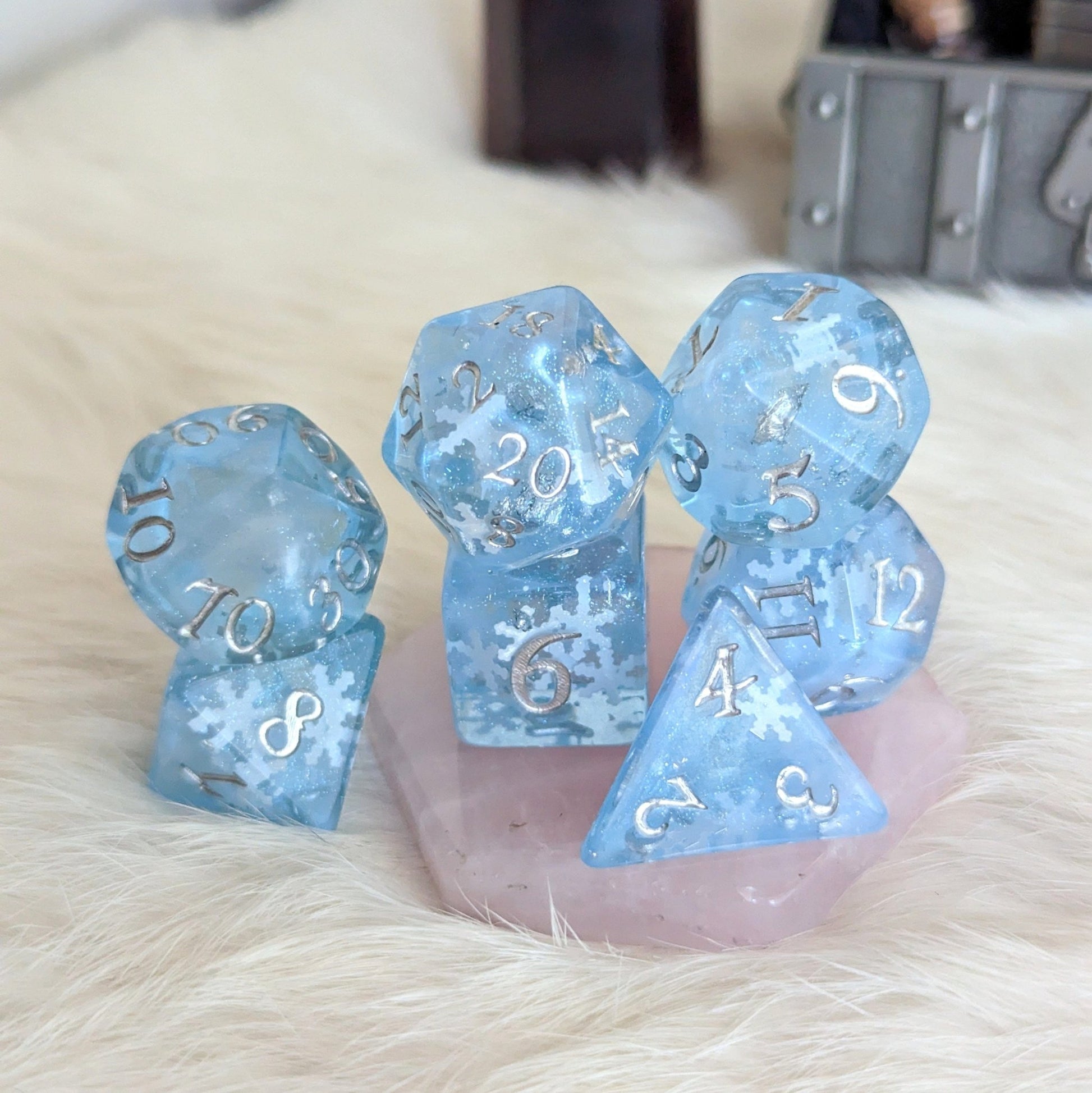 Snowfall Dice Set – 7 or 11 - Piece Glacial Blue Winter DnD Dice | Fennek & Finch - Fennek and Finch