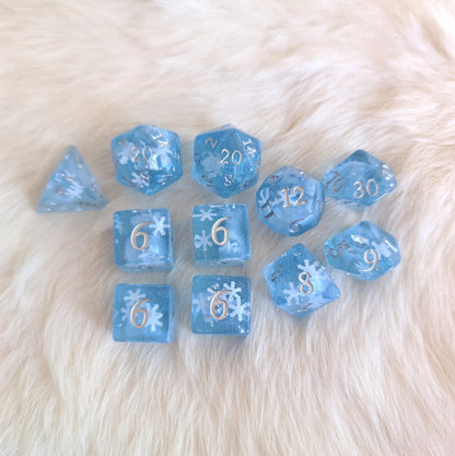 Snowfall Dice Set – 7 or 11 - Piece Glacial Blue Winter DnD Dice | Fennek & Finch - Fennek and Finch