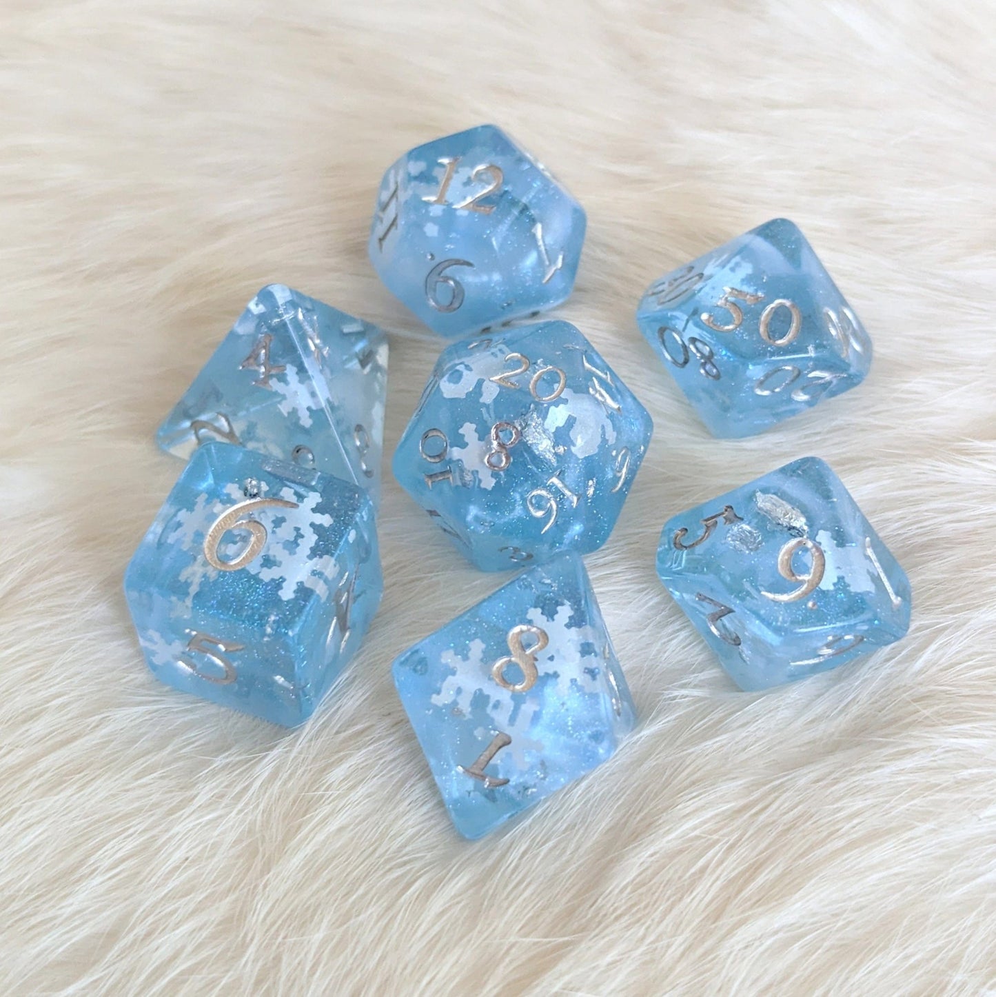 Snowfall Dice Set – 7 or 11 - Piece Glacial Blue Winter DnD Dice | Fennek & Finch - Fennek and Finch