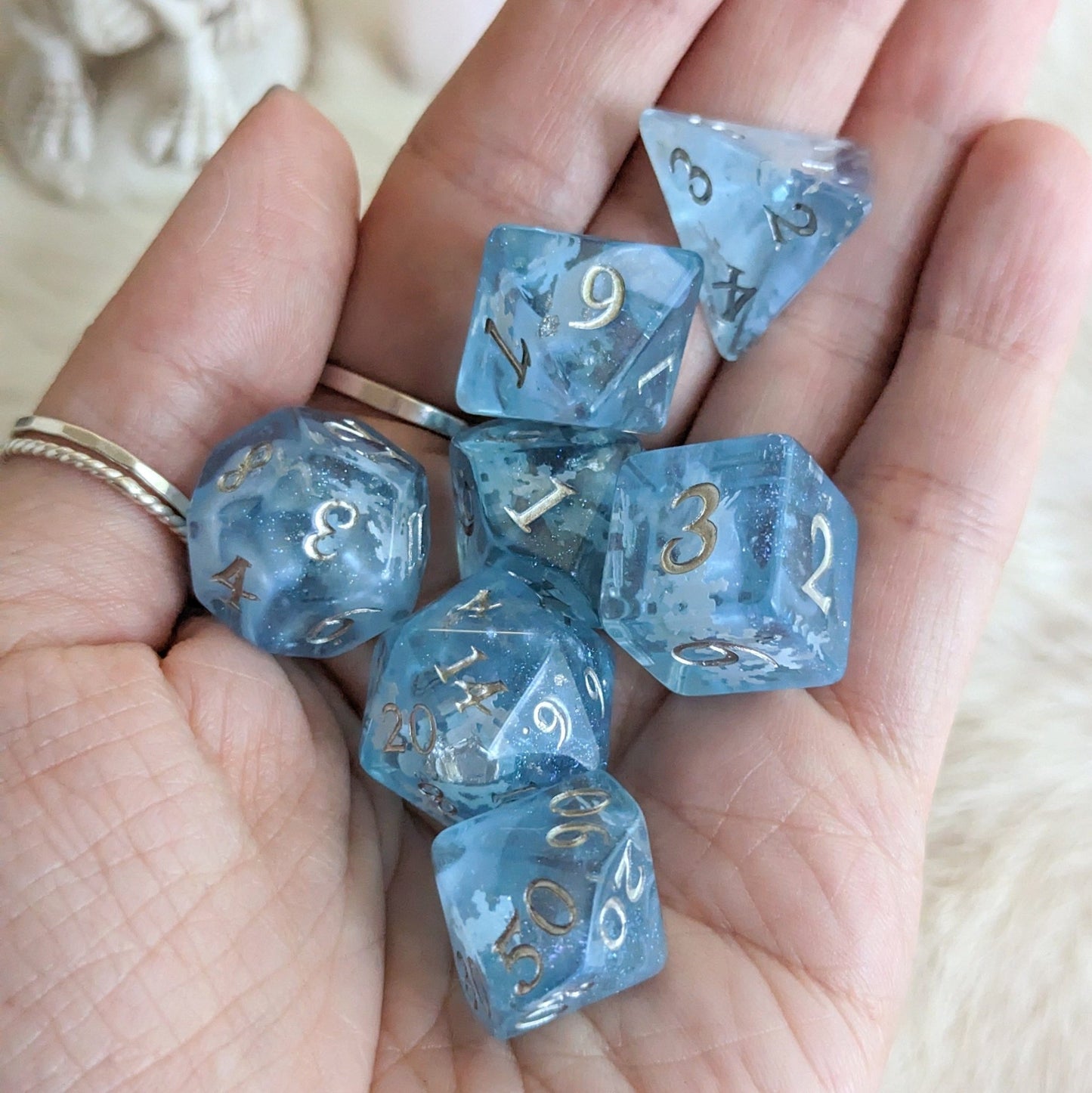 Snowfall Dice Set – 7 or 11 - Piece Glacial Blue Winter DnD Dice | Fennek & Finch - Fennek and Finch