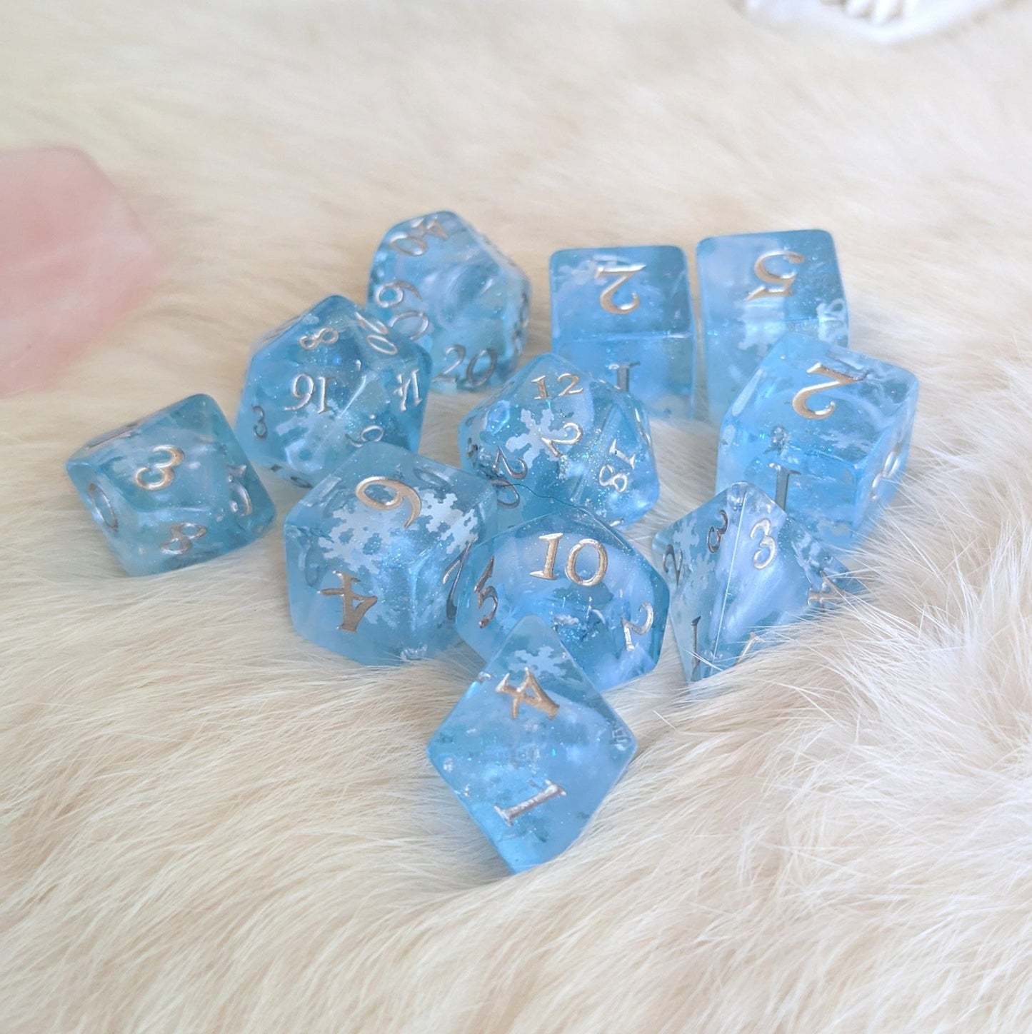 Snowfall Dice Set – 7 or 11 - Piece Glacial Blue Winter DnD Dice | Fennek & Finch - Fennek and Finch