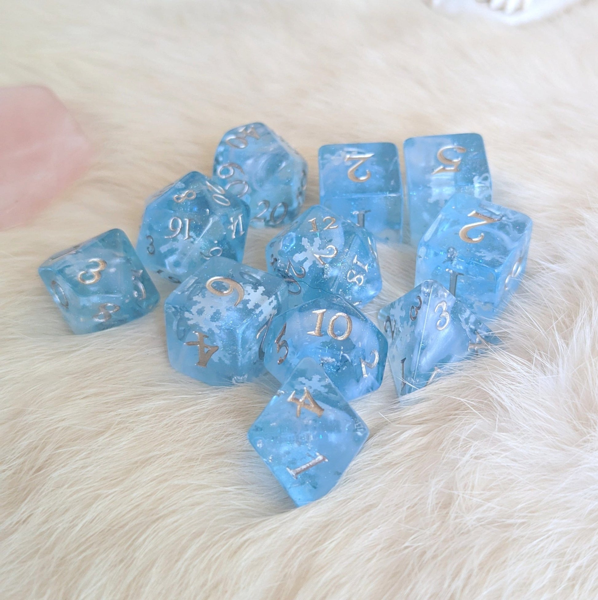 Snowfall Dice Set – 7 or 11 - Piece Glacial Blue Winter DnD Dice | Fennek & Finch - Fennek and Finch