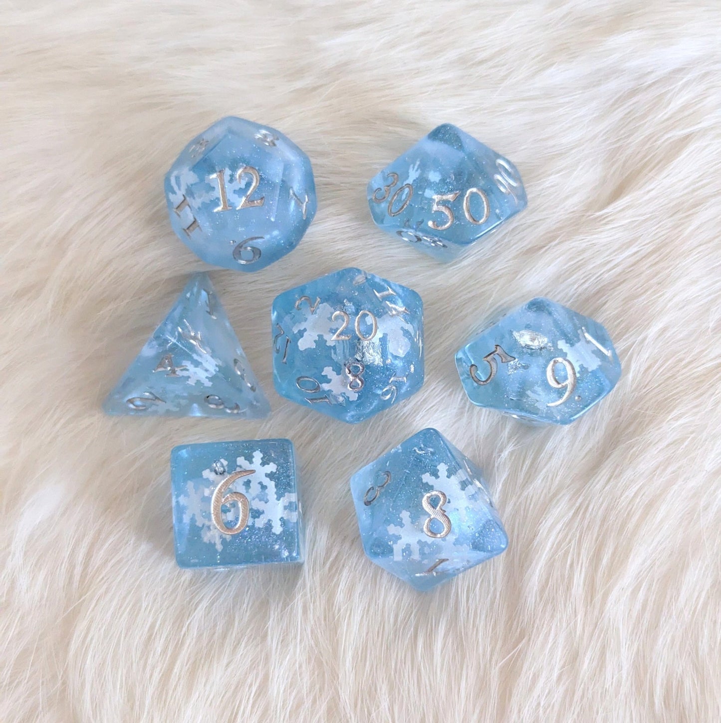 Snowfall Dice Set – 7 or 11 - Piece Glacial Blue Winter DnD Dice | Fennek & Finch - Fennek and Finch