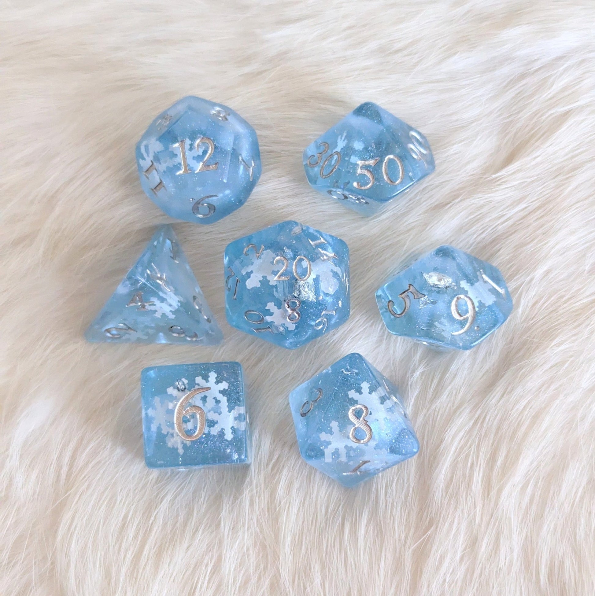 Snowfall Dice Set – 7 or 11 - Piece Glacial Blue Winter DnD Dice | Fennek & Finch - Fennek and Finch