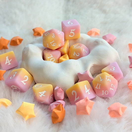 Sorbet Sunset Dice Set – 7 and 11 - Piece Pastel Ombre DnD Dice | Fennek & Finch - Fennek and Finch