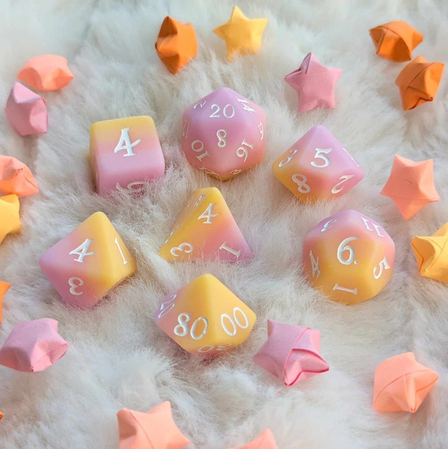 Sorbet Sunset Dice Set – 7 and 11-Piece Pastel Ombre DnD Dice | Fennek & Finch Dice Sets & Games Fennek and Finch 7 Piece Set