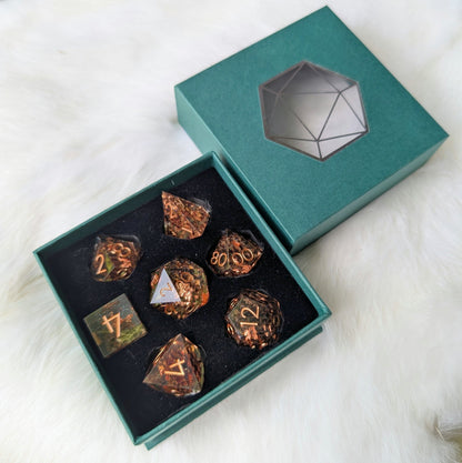 Sparkling Casuarina Seeds of Change Dice Set – Botanical Resin with Copper | Fennek & Finch - Fennek and Finch