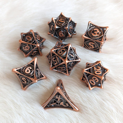 Spider Web Hollow Metal Dice Set – Geometric Design in Copper, Bronze, Silver & Black Dice sets Fennek and Finch