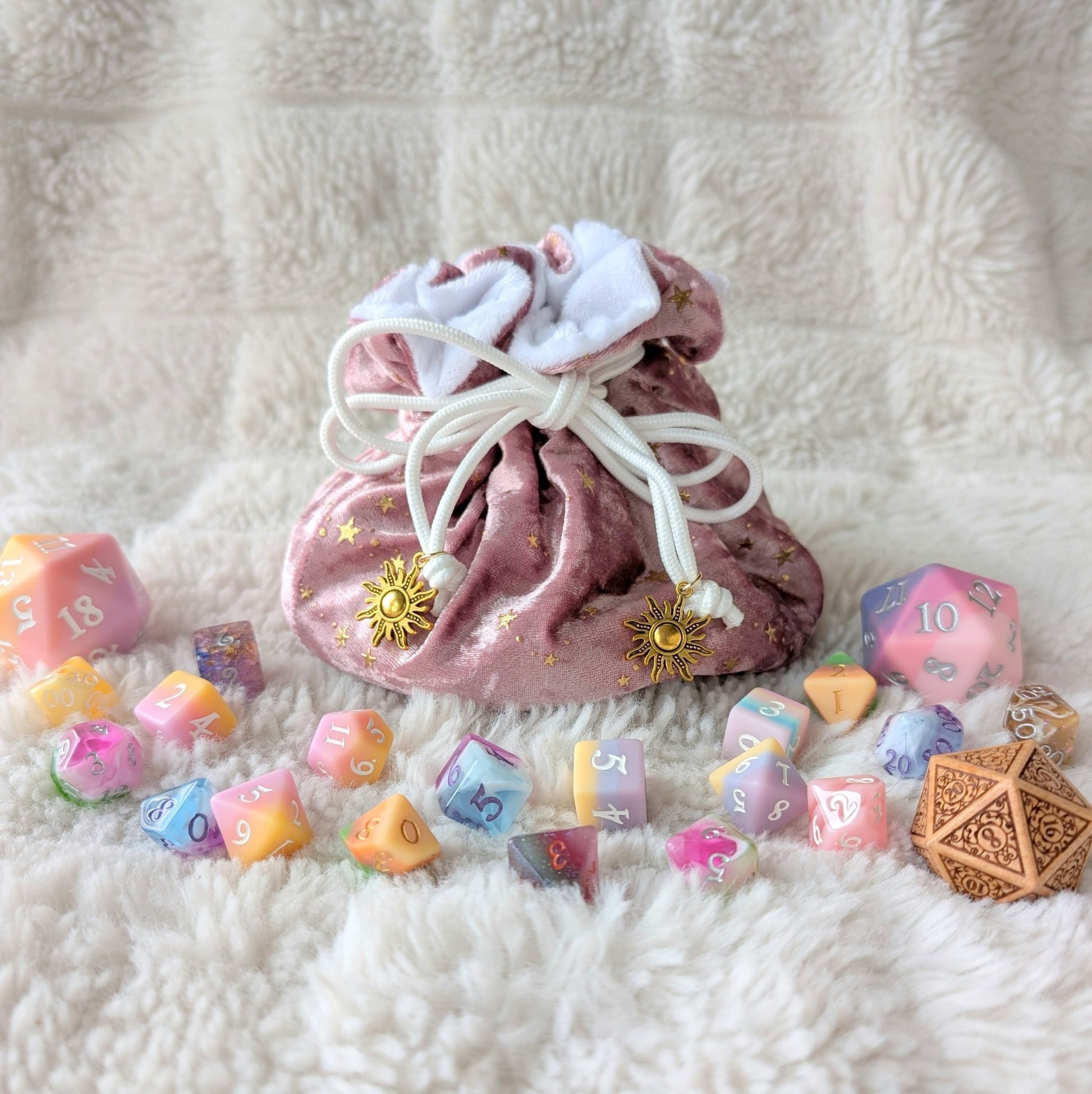 Starlit Rose Dice Bag – Velvet Multi - Pocket Pouch with Gold Stars | Fennek & Finch - Fennek and Finch