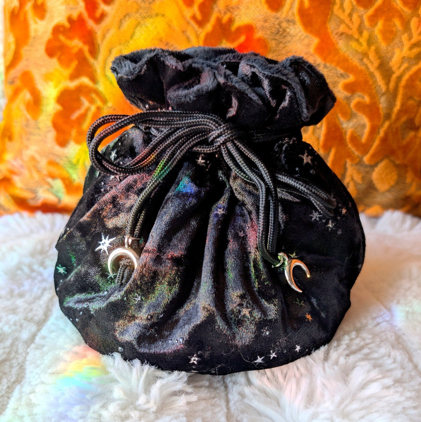 Starry Black Dice Bag – Multi - Pocket Velvet Pouch with Silver Stars and Moon Charms | Fennek & Finch - Fennek and Finch
