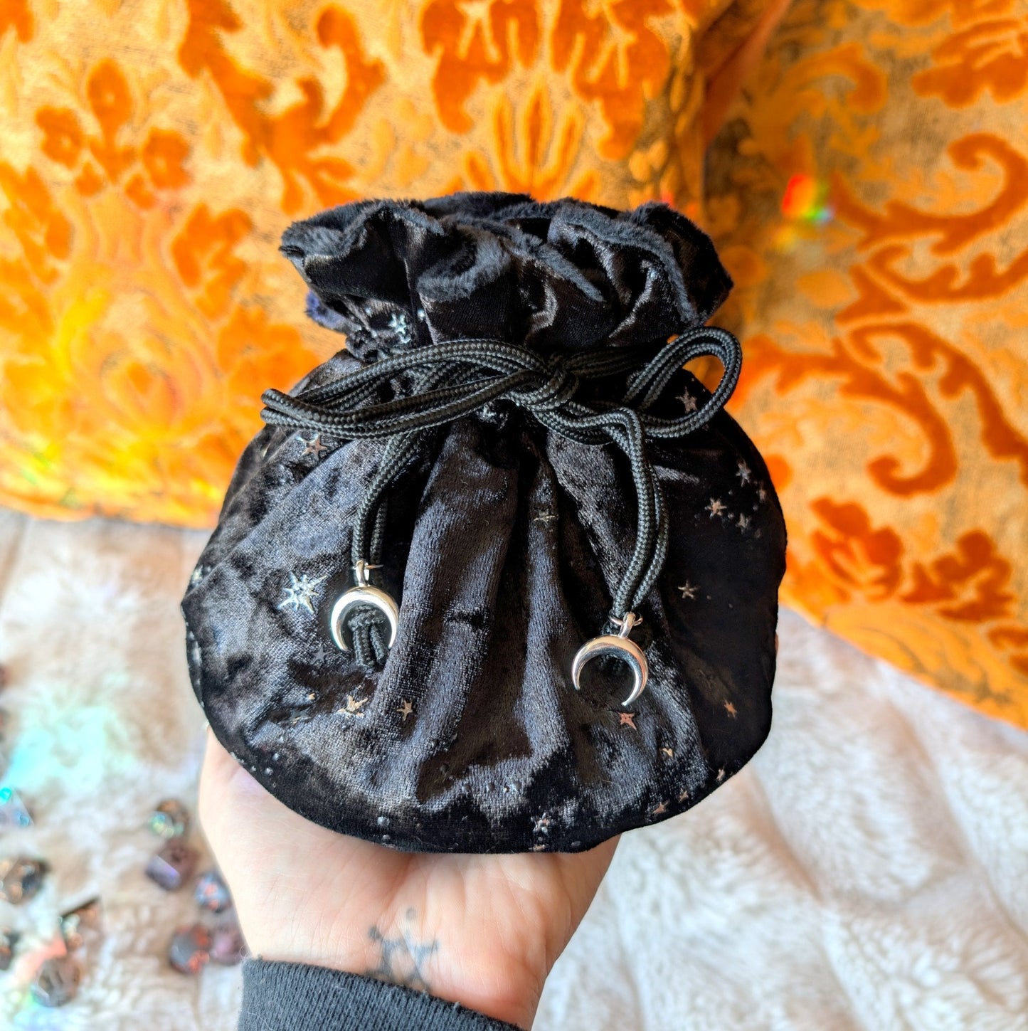 Starry Black Dice Bag – Multi - Pocket Velvet Pouch with Silver Stars and Moon Charms | Fennek & Finch - Fennek and Finch