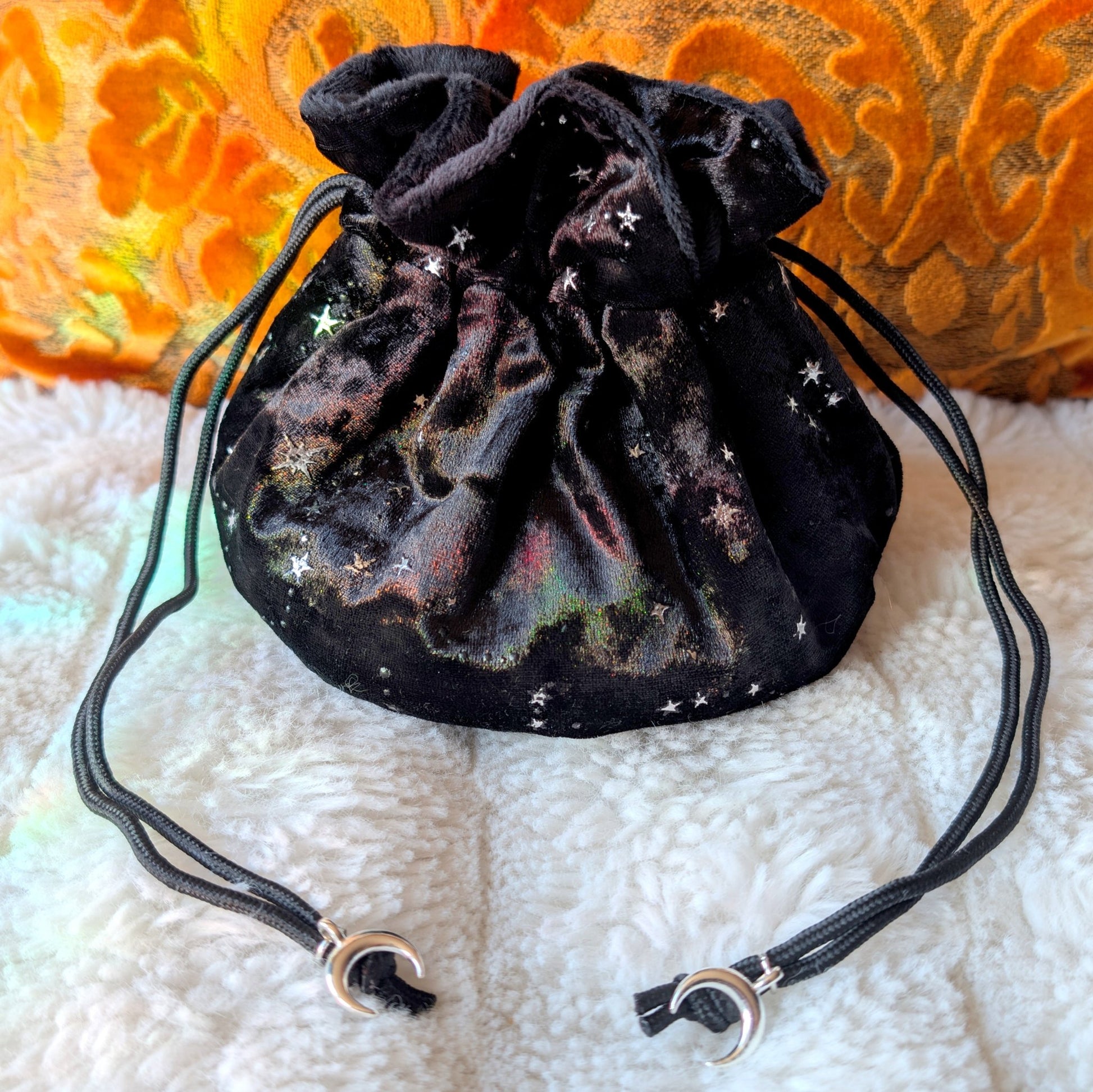Starry Black Dice Bag – Multi - Pocket Velvet Pouch with Silver Stars and Moon Charms | Fennek & Finch - Fennek and Finch