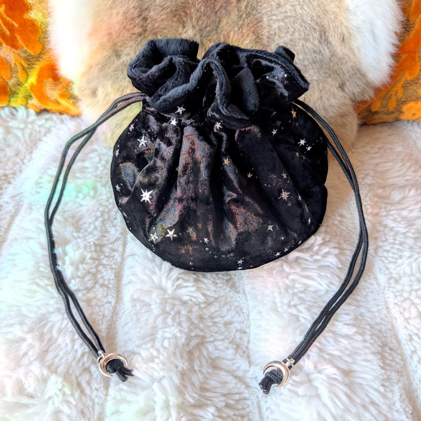 Starry Black Dice Bag – Multi - Pocket Velvet Pouch with Silver Stars and Moon Charms | Fennek & Finch - Fennek and Finch