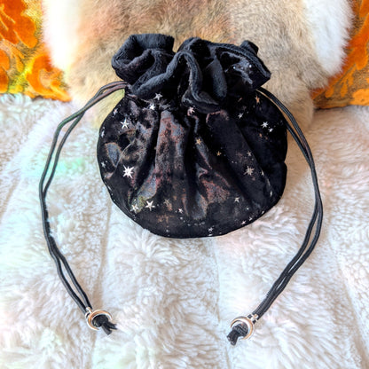 Starry Black Dice Bag – Multi - Pocket Velvet Pouch with Silver Stars and Moon Charms | Fennek & Finch - Fennek and Finch