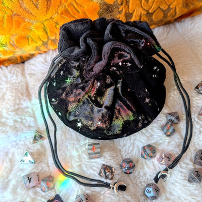 Starry Black Dice Bag – Multi - Pocket Velvet Pouch with Silver Stars and Moon Charms | Fennek & Finch - Fennek and Finch