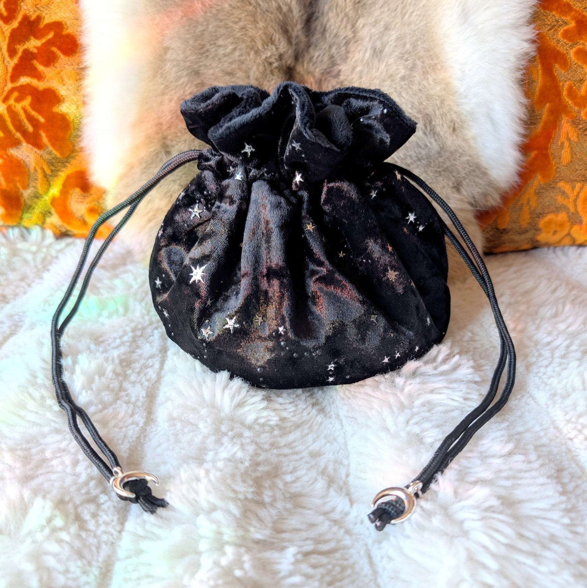Starry Black Dice Bag – Multi - Pocket Velvet Pouch with Silver Stars and Moon Charms | Fennek & Finch - Fennek and Finch