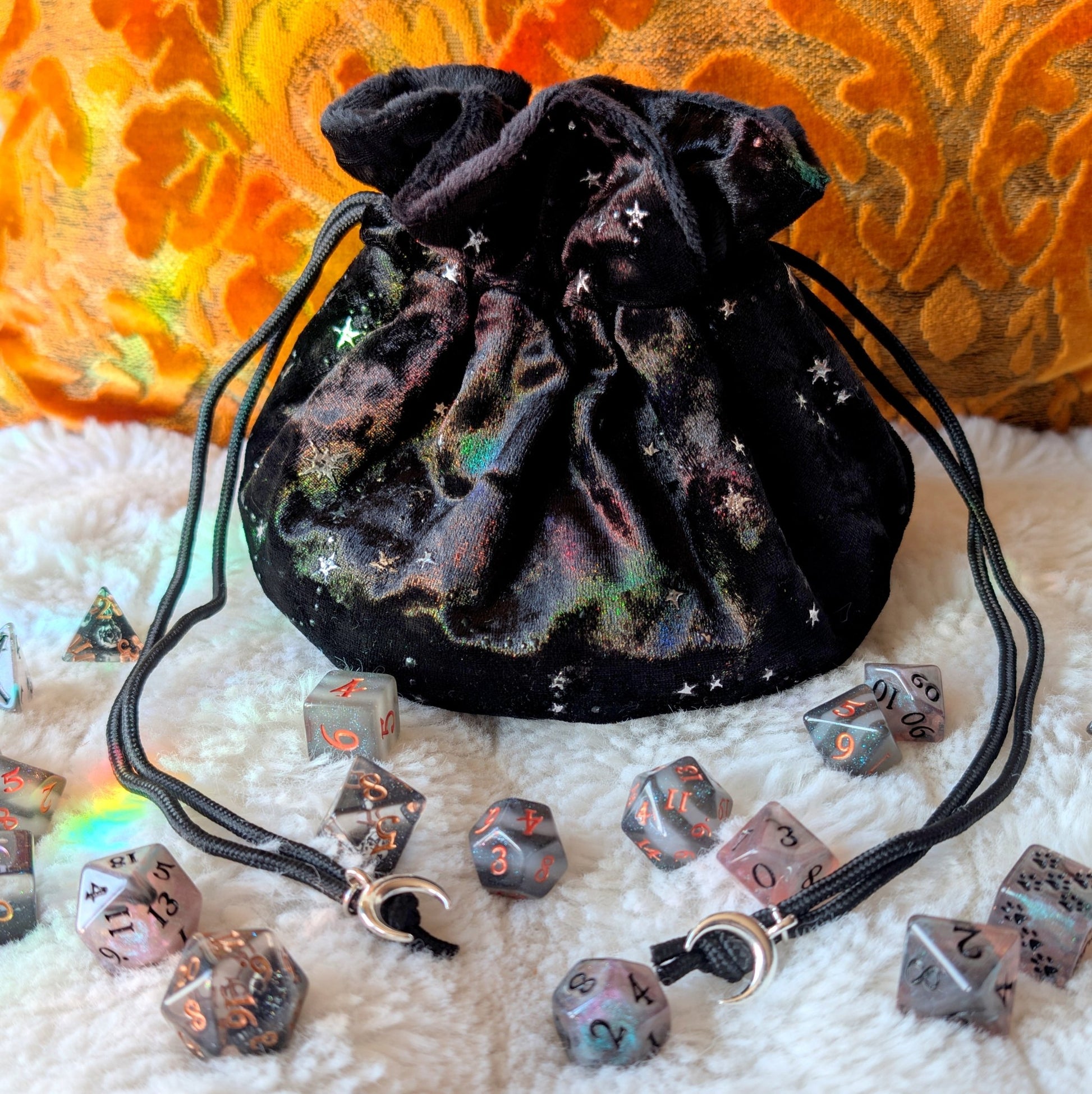 Starry Black Dice Bag – Multi - Pocket Velvet Pouch with Silver Stars and Moon Charms | Fennek & Finch - Fennek and Finch